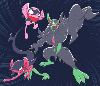 Rule 34 | aoi (comical highway), blue background, claw pose, commentary request, emphasis lines, evolutionary line, fangs, foreshortening, full body, gen 8 pokemon, grimmsnarl, highres, impidimp, long nose, morgrem, nintendo, open mouth, outstretched arm, pointy ears, pointy nose, pokemon, pokemon (creature), pokemon focus, red eyes, smile, tongue, tongue out