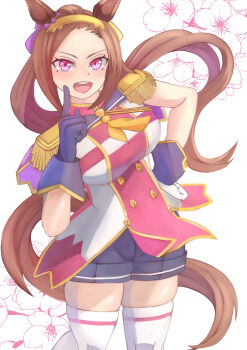 1girl absurdres animal_ears asymmetrical_gloves black_gloves blue_shorts blush breasts brown_hair checkered_clothes checkered_shirt ear_ornament epaulettes flower flower_in_eye gloves gold_hairband hairband highres horse_ears horse_girl horse_tail iko_(saikoro_k0702) large_breasts long_hair looking_at_viewer mismatched_gloves neckerchief open_mouth ponytail purple_eyes sakura_bakushin_o_(blossom_in_learning)_(umamusume) sakura_bakushin_o_(umamusume) shirt shorts single_epaulette sleeveless smile solo symbol_in_eye tail teeth thighhighs thighs umamusume upper_teeth_only white_gloves white_thighhighs yellow_neckerchief zettai_ryouiki