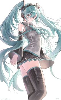 1girl absurdres aqua_eyes aqua_hair aqua_necktie bare_shoulders black_sleeves black_thighhighs blue_eyes blue_hair breasts closed_mouth commentary coppepan dated detached_sleeves grey_shirt hair_between_eyes hair_ornament hatsune_miku headphones headset highres long_hair looking_at_viewer necktie shirt simple_background skirt sleeveless sleeveless_shirt small_breasts solo thighhighs twintails twitter_username very_long_hair vocaloid white_background zettai_ryouiki