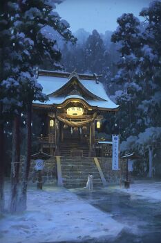 architecture banner box commentary cyclecircle donation_box east_asian_architecture english_commentary forest highres lantern nature no_humans original paper_lantern path road rope scenery shimenawa shrine snow snowing tree winter wolf