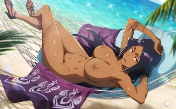 1girl arm_on_own_head bare_shoulders beach beach_towel bleach bleach:_brave_souls bleach:_sennen_kessen-hen breasts collarbone completely_nude crossed_legs dark-skinned_female dark_skin female_focus floral_print hair_down hammock highres large_breasts long_hair looking_at_viewer nipples nude nude_filter ocean palm_leaf parted_lips purple_hair pussy sand sarong shihouin_yoruichi shiny_skin strict-promise-1644 sunlight third-party_edit towel uncensored yellow_eyes