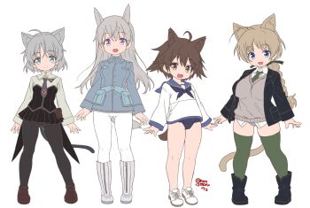 4girls animal_ears black_boots black_jacket black_pantyhose blue_eyes blue_jacket blue_one-piece_swimsuit blue_sailor_collar boots braid breasts brown_eyes brown_hair brown_shoes cat_ears cat_girl cat_tail child dog_ears dog_girl dog_tail eila_ilmatar_juutilainen fang full_body green_eyes green_necktie grey_hair highres jacket kuromaru-4321 large_breasts long_hair looking_at_viewer lynette_bishop medium_breasts military military_uniform miyafuji_yoshika multiple_girls necktie no_pants one-piece_swimsuit pantyhose sailor_collar sanya_v._litvyak school_swimsuit school_uniform shirt shoes short_hair simple_background single_braid smile strike_witches sweater_vest swimsuit swimsuit_under_clothes tail white_background white_boots white_hair white_pantyhose white_shirt white_shoes wolf_ears wolf_girl wolf_tail world_witches_series