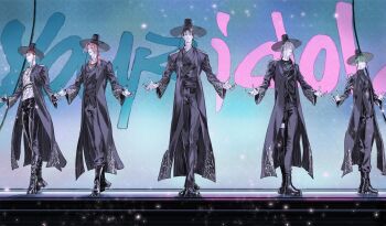 5boys abby_(kpop_demon_hunters) absurdres baby_(kpop_demon_hunters) black_boots black_coat black_hair black_hat black_pants black_shirt body_markings boots closed_mouth coat demon_boy facial_mark fingernails fishnet_top fishnets full_body green_hair hair_between_eyes hair_over_eyes hat highres jinu_(kpop_demon_hunters) kpop_demon_hunters long_coat long_hair male_focus multiple_boys multiple_necklaces mystery_(kpop_demon_hunters) outstretched_arms pants parted_bangs parted_lips pink_hair romance_(kpop_demon_hunters) sharp_fingernails shirt short_hair smile turtleneck wide_brim worldsound77 yellow_eyes