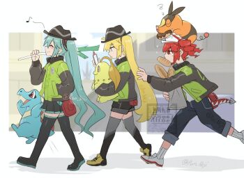 3girls akita_neru alternate_color aqua_hair baguette black_hat black_pants black_shorts black_skirt black_thighhighs blonde_hair bread chikorita closed_mouth commentary_request donut eating food full_body gen_2_pokemon gen_4_pokemon gen_5_pokemon green_jacket hat hatsune_miku jacket kasane_teto long_hair miniskirt multiple_girls nejikyuu nintendo pants pleated_skirt pokemon pokemon_(creature) pokemon_legends:_z-a red_eyes red_hair rotom rotom_phone running shiny_pokemon short_shorts shorts skirt smile spring_onion tepig thighhighs totodile triple_baka_(vocaloid) twintails very_long_hair vocaloid walking watermark yellow_eyes