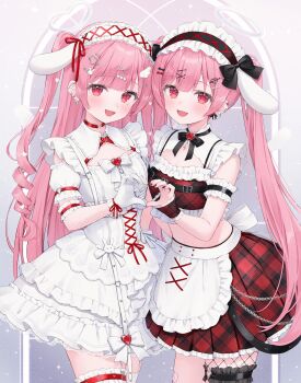 2girls animal_ears apron black_bow bow choker crop_top dress ear_piercing frills gloves hair_ornament hairclip heart heart_hands heart_hands_duo highres long_hair looking_at_viewer maid_headdress midriff multiple_girls original piercing pink_hair plaid_clothes plaid_skirt rabbit_ears rabbit_hair_ornament red_eyes red_skirt shano_hiyori skirt smile twintails very_long_hair white_dress white_gloves x_hair_ornament