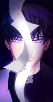 2boys aegyo_sal belt_collar black_coat black_eyes black_hair black_shirt coat collar commentary english_commentary falling_paper highres jozllie kim_dokja looking_at_viewer male_focus multiple_boys omniscient_reader's_viewpoint open_clothes open_coat popped_collar portrait serious shirt short_hair split_crop split_screen upper_body white_coat yoo_joonghyuk