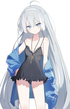 1girl absurdres ahoge alternate_costume black_nightgown black_panties blue_eyes blue_hairband blue_jacket breasts expressionless extra_pupils female_tyrant_(stella_sora) grey_hair hairband hashtag-only_commentary highres jacket jewelry key key_necklace long_hair necklace nightgown open_clothes open_jacket panties pointy_ears shirokuma_(zeroillya) small_breasts solo stella_sora strap_slip track_jacket tyrant_(stella_sora) underwear white_background