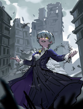Rule 34 | 1girl, ahiruuyew, angela (project moon), black skirt, black vest, blue coat, blue hair, blue jacket, coat, collared shirt, commentary, english commentary, evil smile, frilled sleeves, frills, hands up, highres, jacket, library of ruina, looking at viewer, parted lips, pleated skirt, project moon, rubble, ruins, shirt, short hair, skirt, smile, solo, subarashii pose, vest, white shirt, yellow eyes