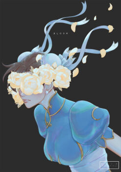 Rule 34 | 1girl, absurdres, artist name, black background, breasts, brown hair, bun cover, capcom, chun-li, commentary request, covered eyes, double bun, earrings, flower, hair bun, highres, jewelry, kumanz, medium breasts, pearl earrings, petals, puffy short sleeves, puffy sleeves, ribbon, short sleeves, simple background, solo, street fighter, upper body, white flower, white ribbon