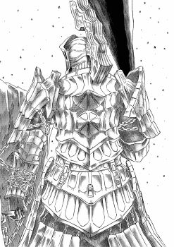 1boy 913kousatu absurdres armor club_(weapon) commentary_request cowboy_shot dark_souls_(series) dark_souls_i faulds full_armor greyscale havel_the_rock helm helmet highres holding holding_club holding_shield holding_weapon looking_afar male_focus monochrome pauldrons shield shoulder_armor solo weapon