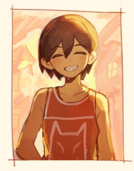 1boy :d ^_^ backlighting bare_arms bare_shoulders border brown_hair closed_eyes collarbone commentary_request dark-skinned_male dark_skin double-parted_bangs facing_viewer grin hair_behind_ear hair_between_eyes house kanyoko_(yuzukano_17) kel_(faraway)_(omori) kel_(omori) male_focus omori open_mouth orange_tank_top outdoors short_hair simple_background sky smile solo straight-on tank_top upper_body window yellow_border yellow_sky