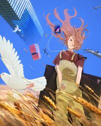 Rule 34 | 1girl, absurdres, bird, black eyes, blue sky, brown hair, building, car, closed mouth, digital media player, dove, earbuds, earphones, eyelashes, green overalls, hair over one eye, hands in pockets, head tilt, heart (organ), highres, long hair, looking at viewer, motor vehicle, original, outdoors, paint tube, paintbrush, red shirt, shirt, sky, skyscraper, solo, sticker, utility pole, wheat, wheat field, wind, yamamori