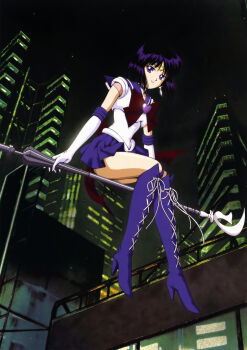 10s 1990s_(style) 1girl 2010 absurdres bishoujo_senshi_sailor_moon black_hair bob_cut boots bow brooch broom broom_riding brown_bow building choker city earrings elbow_gloves female_focus floating glaive_(polearm) gloves happy heart heart_brooch high_heels highres hino_ryutaro holding holding_polearm holding_spear holding_weapon jewelry knee_boots lace-up_boots legs levitation magical_girl night night_sky pleated_skirt polearm purple_boots purple_eyes purple_hair purple_skirt retro_artstyle ribbon sailor_saturn shoes short_hair sidesaddle silence_glaive sitting skirt sky skyline skyscraper smile solo spear super_sailor_saturn tiara tomoe_hotaru weapon white_gloves
