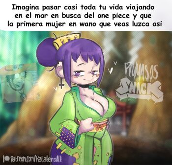 Rule 34 | artist name, blurry, blurry background, blush, breasts, cleavage, collarbone, comb, cross, cross earrings, curvy, earrings, green kimono, hair bun, japanese clothes, jewelry, kimono, kurozumi tama, kyojiri loli, large breasts, matching hair/eyes, one piece, oppai loli, patateroart, patreon username, portgas d. ace, purple eyes, purple hair, seductive gaze, seductive smile, sidelocks, smile, spanish text, toastysnacktime, translated