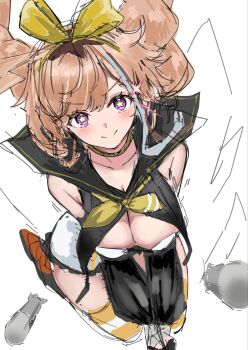 >:) 1girl azur_lane black_sailor_collar braid breasts cleavage closed_mouth commentary_request highres large_breasts long_hair looking_at_viewer low_twin_braids neckerchief orange_hair orange_thighhighs purple_eyes sailor_collar simple_background sketch smile solo soul_(dp11) star-shaped_pupils star_(symbol) striped_clothes striped_thighhighs symbol-shaped_pupils thighhighs twin_braids v-shaped_eyebrows white_background white_thighhighs william_d._porter_(azur_lane) yellow_neckerchief