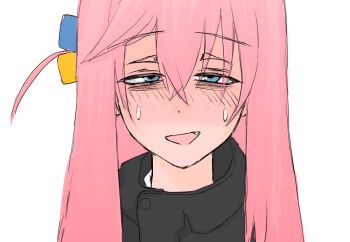 1girl black_jacket blue_eyes blush bocchi_the_rock! commentary_request cube_hair_ornament fang gotoh_hitori hair_ornament jacket long_hair mentos_pepsi open_mouth pink_hair simple_background solo sweat upper_body white_background