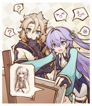 1boy 1girl ? absurdres albedo_(genshin_impact) aqua_eyes black_gloves blue_eyes blue_shirt blush brown_hair chinese_commentary commentary_request genius_invokation_tcg_(style) genshin_impact gloves grey_hair hair_between_eyes highres jacket jianfkou_jiucaidiaoyu long_hair long_sleeves one_side_up open_mouth purple_hair shirt shorts spoken_question_mark spoken_squiggle squiggle