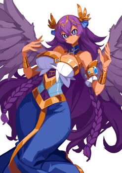 1girl absurdres armlet bare_shoulders blue_eyes blue_skirt bracelet braid breasts bright_pupils character_request commentary commission copyright_request crossed_bangs detached_collar english_commentary feathered_wings gold_armlet gold_bracelet gold_trim headpiece highres hobble_skirt jewelry julianvanist long_hair looking_at_viewer low_twin_braids narrow_waist purple_hair simple_background skirt twin_braids very_long_hair w_arms white_background white_pupils wide_hips winged_hair_ornament wings