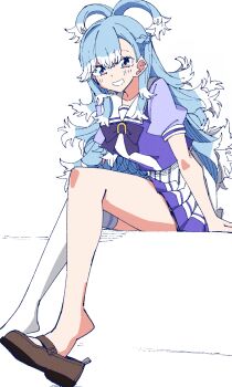 Rule 34 | 1girl, absurdres, blue hair, bow, bowtie, colored tips, highres, hololive, hololive indonesia, horseshoe ornament, kobo kanaeru, multicolored hair, pleated skirt, purple bow, purple bowtie, purple shirt, sailor collar, sailor shirt, school uniform, shirt, single thighhigh, skirt, smile, split ponytail, spynai (klimatic), thighhighs, tracen school uniform, umamusume, virtual youtuber, white background