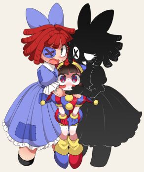 3girls asymmetrical_footwear asymmetrical_gloves black_hair blue_footwear blue_gloves blush bow button_eyes buttons dress drill_hair dual_persona eyed_silhouette gloves hair_bow hat highres jester jester_cap jester_costume medium_hair multicolored_clothes multicolored_eyes multiple_girls nervous_sweating patchwork_clothes pomni_(the_amazing_digital_circus) purple_dress ragatha_(the_amazing_digital_circus) red_eyes red_footwear red_gloves silhouette sweat sweatdrop the_amazing_digital_circus two-tone_eyes yawaraka_meteor yuri