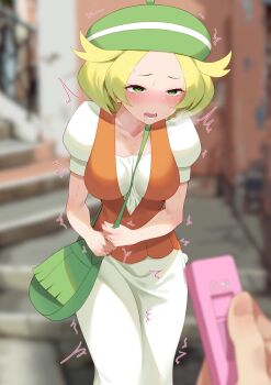 1girl 1other bag beret between_breasts bianca_(pokemon) blonde_hair blurry breasts breath commentary_request controller discreet_vibrator dress green_bag green_eyes green_headwear hat highres lower_teeth_only momihige nintendo open_mouth orange_vest outdoors pokemon pokemon_bw public_indecency public_vibrator remote_control remote_control_vibrator sex_toy short_hair short_sleeves shoulder_bag strap_between_breasts teeth tongue trembling vest vibrator vibrator_under_clothes white_dress wireless_sex_toy_controller