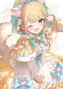 1girl ;d animal_ears bell blonde_hair blue_bow blush bow bowtie breasts clenched_hand dot_nose dress fang fujita_kotone gakuen_idolmaster green_bow green_bowtie hair_bow hand_up highres idolmaster large_breasts long_sleeves looking_at_viewer m_ydayo nyan one_eye_closed open_mouth sleeves_past_wrists smile solo tail white_background white_dress yellow_eyes