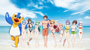 1boy 6+girls abs ahoge antenna_hair arm_up armpits artist_request barefoot bikini black_bikini black_hairband blonde_hair blue_eyes blue_hair blue_jacket blue_sky blunt_tresses braid braided_ponytail breasts brown_hair closed_mouth cloud collarbone commentary_request covered_navel day drawstring eyewear_on_head floating_hair full_body green_eyes green_hair green_shorts grey_hair groin hair_between_eyes hair_bun hair_ornament hair_over_one_eye hair_ribbon hairband hairclip hamedori-kun hand_on_own_arm hand_on_own_hip hand_on_own_thigh hand_up high_ponytail highres holding holding_jacket holding_unworn_clothes horizon hotori_misaki jacket jewelry katagiri_nanase kotoyose_fumino large_breasts leaning_forward long_hair male_swimwear mascot_costume medium_breasts multiple_girls navel necklace nipples nukigee_mitai_na_shima_ni_sunderu_watashi_wa_dou_surya_ii_desu_ka? o-ring o-ring_thigh_strap ocean official_art onabuta_ikuko one-piece_swimsuit open_mouth outdoors pink_hair ponytail purple_hair red_hair red_ribbon reizeiin_touka ribbon short_shorts shorts side-tie_bikini_bottom single_hair_bun sky slingshot_swimsuit small_breasts smile standing standing_on_one_leg string_bikini swim_trunks swimsuit tachibana_asane tachibana_junnosuke tadasugawa_rei thigh_gap thigh_strap toned toned_male topless_male twirling_hair underboob unworn_jacket very_long_hair watarai_hinami water white_bikini yellow_eyes yellow_one-piece_swimsuit yellow_slingshot_swimsuit