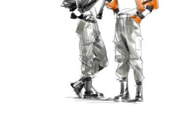2boys baggy_pants belt black_gloves black_jacket contrapposto disco_elysium gloves hands_in_pockets harry_du_bois hashtag-only_commentary highres jacket kim_kitsuragi male_focus multiple_boys orange_gloves orange_jacket out_of_frame pants partially_colored shirt_tucked_in standing uni_barti