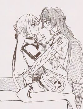 2girls astra_yao blush braid braided_bun closed_mouth collar commentary dress evelyn_chevalier greyscale hair_bun hairband hand_on_another&#039;s_waist highres long_hair mole mole_under_eye monochrome multiple_girls sitting sitting_on_lap sitting_on_person smile sun_(knp_ta1y0) symbol-only_commentary thigh_strap yuri zenless_zone_zero