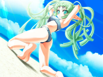 00s 1girl ass beach demonbane elf elsa female_focus game_cg green_eyes green_hair matching_hair/eyes pointy_ears single_toe sky soles solo swimsuit toes