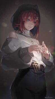 1girl ange_katrina ange_katrina_(5th_costume) belt blue_eyes blue_pants brown_background brown_belt closed_mouth clothing_cutout commentary_request cowboy_shot crossed_bangs denim flat_chest gold_necklace hair_behind_ear hair_ornament hairpin high_collar highres jeans jewelry layered_shirt light_particles lips long_bangs long_sleeves looking_down medium_hair multiple_hairpins necklace nijisanji pants puffy_long_sleeves puffy_sleeves red_hair shirt shirt_tucked_in shoulder_cutout single_hair_intake smile solo taman324 twitter_username virtual_youtuber white_shirt