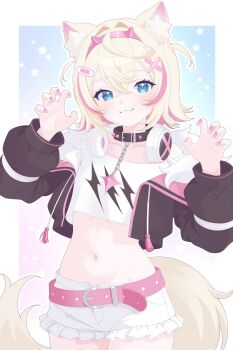 1girl :3 animal_ear_fluff animal_ears bandaid bandaid_hair_ornament belt belt_buckle black_collar black_jacket blonde_hair blue_eyes blush border buckle claw_pose closed_mouth collar collarbone commentary cowboy_shot crop_top cropped_jacket cropped_shirt crossed_bangs double-parted_bangs fingernails frilled_shorts frills hair_between_eyes hair_ornament hairband hands_up headphones headphones_around_neck highres hololive hololive_english jacket long_sleeves mintikmeow mococo_abyssgard multicolored_hair nail_polish navel off-shoulder_shirt off_shoulder open_clothes open_jacket outline outside_border pink_belt pink_hairband pink_nails pink_streaks print_shirt shirt short_hair short_shorts shorts solo standing star_(symbol) star_symbol_background stomach streaked_hair symbol-only_commentary virtual_youtuber white_border white_outline white_shirt white_shorts x_hair_ornament