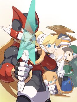 2girls 6+boys absurdres alouette_(mega_man) armor bald black_eyes blonde_hair blue_eyes character_request ciel_(mega_man) cowboy_shot energy_sword group_picture helmet high_ponytail highres holding holding_stuffed_toy holding_sword holding_weapon long_hair mega_man_(series) mega_man_zero_(series) multiple_boys multiple_girls omochi_(mochi_skymega) ponytail red_armor red_helmet simple_background stuffed_animal stuffed_cat stuffed_toy sword weapon white_background z_saber