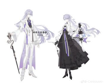 Rule 34 | 1boy, 1girl, absurdres, animal print, anklet, arm at side, bell sleeves, belt, black dress, black gloves, black pantyhose, black shirt, black shoes, border, brooch, bug, butterfly, butterfly brooch, butterfly print, cane, chain, closed mouth, coat, coattails, collared jacket, commentary, commission, cropped jacket, cross, cross print, cross tie, curtained hair, dress, earrings, expressionless, eyebrow piercing, face piercing, floating earrings, floral print, frilled dress, frills, full body, gloves, greek cross, hair between eyes, hand up, highres, holding, holding cane, holding chain, holding lantern, infinity symbol, insect, jacket, jewelry, lantern, lapels, lip piercing, long dress, long hair, long sleeves, look-alike, looking at viewer, low block heels, mao mao wansui, o-ring, original, pants, pantyhose, piercing, print dress, purple butterfly, purple coat, purple eyes, purple hair, purple ribbon, ribbon, sample watermark, shirt, shoes, shoulder pads, side-by-side, sideways glance, simple background, single earring, sleeve garter, smile, snake, standing, swept bangs, symbol-only commentary, tassel, three-quarter sleeves, two-sided coat, two-sided fabric, very long hair, watermark, weibo watermark, white background, white belt, white border, white butterfly, white coat, white jacket, white pants, white ribbon, white shoes, wide sleeves, wolf cut