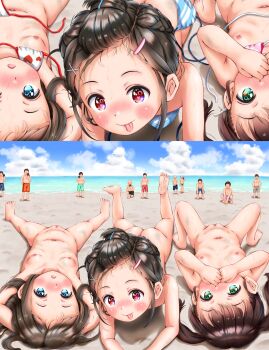 3girls :q absurdres ass barefoot beach before_and_after bikini black_hair blue_eyes blush breasts censored cleft_of_venus close-up clothing_aside cloud cloudy_sky completely_nude covering_own_mouth dirty fat_mons feet flat_chest green_eyes hair_ornament hairclip heart heart-shaped_pupils heart_bikini heart_print heart_swimsuit higeepon highres huge_filesize island loli looking_at_viewer lying mosaic_censoring multiple_girls navel nipples nude nudist on_back on_stomach outdoors pink_bikini pink_eyes print_bikini print_clothes print_swimsuit public_indecency public_nudity pussy sand sky small_breasts smile split_screen spread_legs star_(symbol) star_bikini star_print string_bikini striped_bikini striped_clothes swimsuit swimsuit_aside symbol-shaped_pupils third-party_edit tongue tongue_out twintails untied_bikini white_bikini