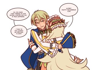1boy 1girl alfred_(fire_emblem) blonde_hair bouquet brother_and_sister butterfly_hat_ornament celine_(fire_emblem) celine_(love's_aroma)_(fire_emblem) dress english_text fire_emblem fire_emblem_engage fire_emblem_heroes flower green_hair hat_ornament highres holding holding_bouquet hug long_hair nintendo official_alternate_costume siblings speech_bubble very_long_hair wavy_hair yellow_dress zefirart