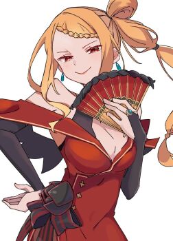 1girl blonde_hair breasts cleavage dress earrings jewelry large_breasts long_hair priscilla_barielle re:zero_kara_hajimeru_isekai_seikatsu red_dress red_eyes smile solo