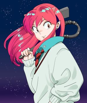 1girl amate_yuzuriha amate_yuzuriha_(cosplay) aqua_shirt axe commentary cone_horns cosplay from_side gundam gundam_gquuuuuux holding holding_axe horns looking_at_viewer lum necktie pointy_ears red_hair red_necktie shirt sky solo star_(sky) starry_sky sweater uru_mystery urusei_yatsura white_sweater