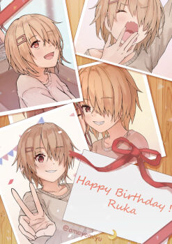 1girl :d alternate_costume amayomiyu blonde_hair blush casual closed_eyes commentary_request covering_own_mouth grey_sweater grin hair_ornament hair_over_one_eye hairclip happy happy_birthday heaven_burns_red kayamori_ruka long_bangs looking_at_viewer multiple_views one_eye_covered open_mouth photo_(object) red_eyes red_ribbon ribbon shirt short_hair smile sweater twitter_username upper_body v wavy_mouth yawning