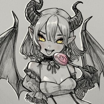 1girl bare_shoulders bra breasts demon_girl demon_horns demon_wings detached_collar detached_sleeves earrings gloves grey_background horns jewelry medium_breasts medium_hair mimicrutix monochrome open_mouth original pointy_ears simple_background sketch solo tongue underwear wings yellow_eyes