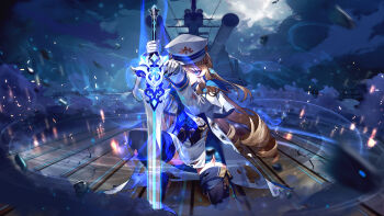 1girl absurdres aura blonde_hair blue_eyes boots chinese_commentary closed_mouth cloud coat crack cracked_floor crotch debris drill_hair forehead genshin_impact gloves gold_trim hat highres hoyofair lifeline_(a384079959) long_hair long_sleeves navia_(genshin_impact) on_one_knee outdoors sailor_hat scenery serious ship ship_deck ship_turret solo sparkle sparks sword thigh_boots torn_clothes torn_coat v-shaped_eyebrows watercraft weapon white_coat white_gloves white_sleeves