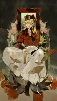 Rule 34 | 1boy, 78404938, absurdres, blonde hair, chinese commentary, commentary request, douma (kimetsu no yaiba), hair between eyes, highres, kimetsu no yaiba, long hair, looking at viewer, male focus, patterned hair, red shirt, shirt, smile, solo, teeth, tight clothes, tight shirt, toned, toned male