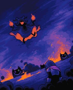 animal_ears armor black_robe blue_hair breastplate cape cat cat_ears crazy_eyes crazy_grin deltarune dutch_angle eram_(deltarune) evil_smile fangs fire fireball friend_(deltarune) glowing_clothes glowing_mouth heterochromia kris_(dark_world)_(deltarune) kris_(deltarune) living_shadow multiple_others multiple_persona no_eyes pauldrons pink_cape pink_eyes pixel_art pyrokinesis robe sharfabean shoulder_armor skin_fangs smile utdr_(toby_fox) yellow_eyes