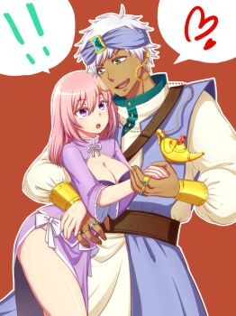 Rule 34 | 1boy, 1girl, breasts, cleavage, dress, hetero, hug, junrei (nyorori), large breasts, long hair, nyorori (tatsutaage), original, pink hair, purple eyes, thighs