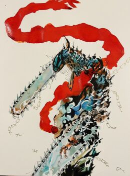 1boy abstract blood chain chainsaw chainsaw_devil chainsaw_man from_side highres horns intestine_clothing intestines manof_amrt no_eyes open_mouth organs scarf sharp_teeth simple_background spikes teeth weapon white_background