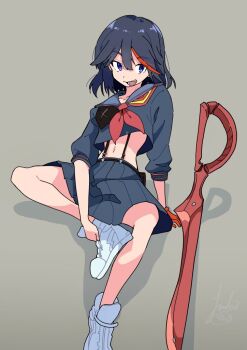 1girl black_hair blue_skirt hanten_(hantennano) kill_la_kill looking_at_viewer matoi_ryuuko medium_hair midriff multicolored_hair navel scissors senketsu skirt smile streaked_hair white_footwear