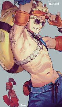 Rule 34 | 2boys, absurdres, adjusting clothes, adjusting headwear, arm tattoo, arm up, beachrat, black nails, blonde hair, blue swim trunks, brown eyes, commentary, dark-skinned male, dark skin, drawstring, english commentary, eyes visible through eyewear, fingernails, grey background, grin, groin, hat, highres, inflatable armbands, junkrat (overwatch), lifeguard, looking ahead, lucio (overwatch), male focus, male swimwear, multiple boys, nail polish, navel, nipples, official alternate costume, open mouth, overwatch, p (pm 611a), pectorals, red swim trunks, rescue board, smile, sunglasses, swim ring, swim trunks, tattoo, teeth, thick eyebrows, toned, toned male, topless male, visor cap, yellow-framed eyewear