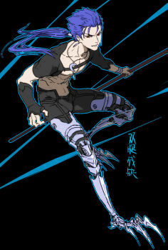 1boy amputee artificial_legs bad_id bad_pixiv_id blue_hair changye cu_chulainn_(fate) cu_chulainn_(lancer)_(fate) earrings elbow_gloves fate/grand_order fate/stay_night fate_(series) fingerless_gloves gloves jewelry long_hair male_focus mechanical_legs polearm ponytail red_eyes shrug_(clothing) solo spear weapon