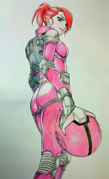 Rule 34 | 1girl, bianca carlyle, breasts, closed mouth, earth federation, flight suit, gundam, gundam thunderbolt, helmet, holding, holding unworn helmet, lipstick, looking at viewer, makeup, matsukawa tetsuya, mecha pilot suit, normal suit (gundam), red hair, science fiction, short hair, simple background, solo, unworn headwear, unworn helmet, white background, yellow eyes