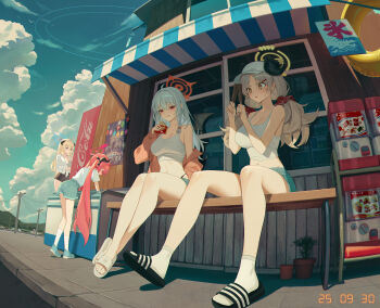 4girls absurdres akari_(blue_archive) alternate_costume black_horns blonde_hair blue_archive blue_halo breasts camisole casual cloud cloudy_sky crop_top curled_horns demon_girl demon_horns demon_wings denim denim_shorts food forward-facing_horns full_body gashapon gourmet_research_society_(blue_archive) grey_hair halo haruna_(blue_archive) highres holding holding_food holding_popsicle horns izumi_(blue_archive) junko_(blue_archive) large_breasts legs long_hair low_twintails midriff multiple_girls navel popoka0930 popsicle red_eyes red_hair red_halo shirt short_shorts shorts single_wing sitting sky slippers socks tank_top twintails vending_machine white_camisole white_hair white_shirt white_socks white_tank_top wings